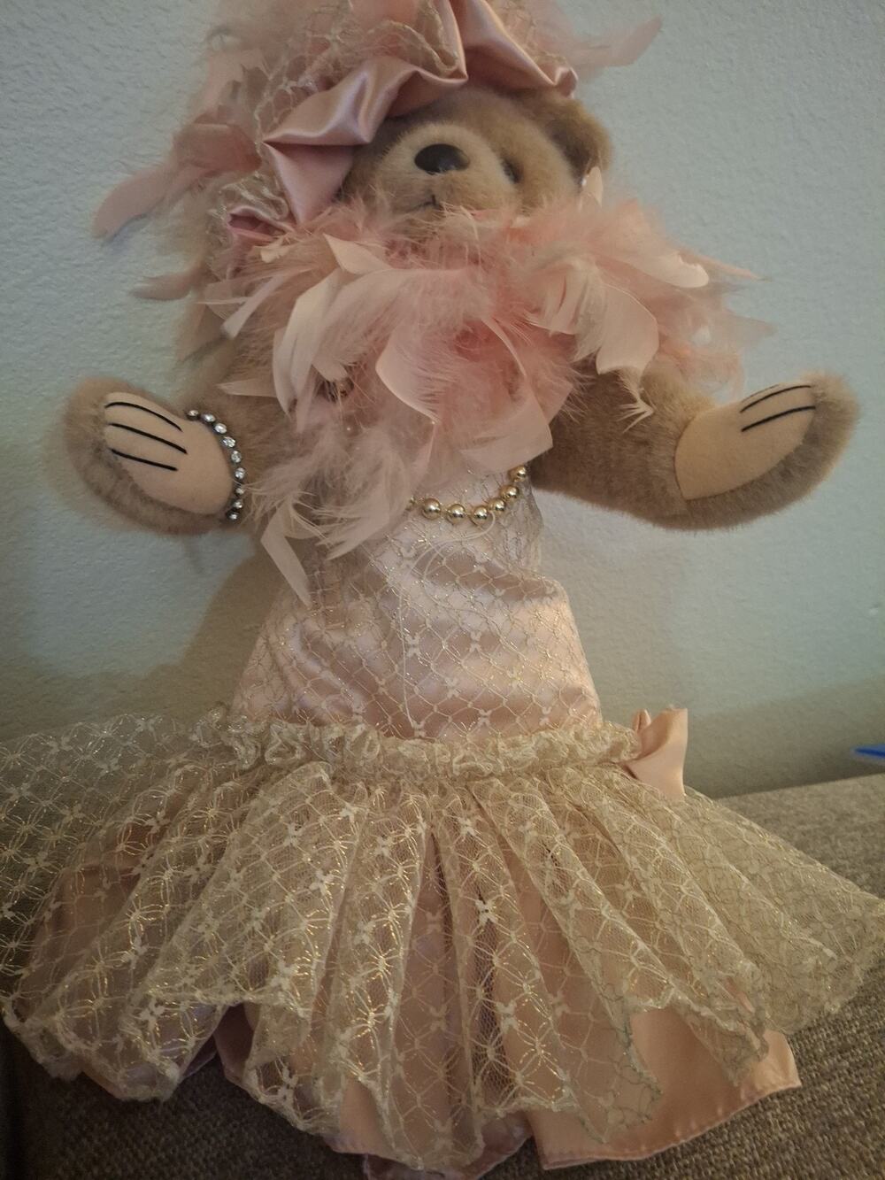 Bearly People Victorian BearPink Lace Pink Feather Hat Bear 14″ Granny Chic